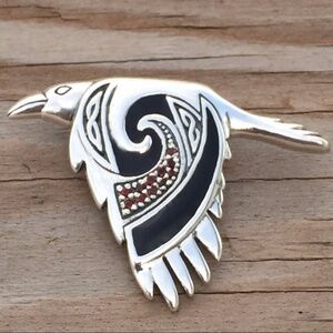 Celtic Raven Pendant solid .925 Sterling Silver w/ genuine garnets Peter Stone